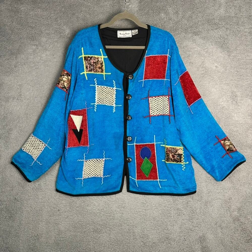 VTG Nouveau Made Women's 3X Button Up Blue Patchwork Cardigan Jacket Art to Wear